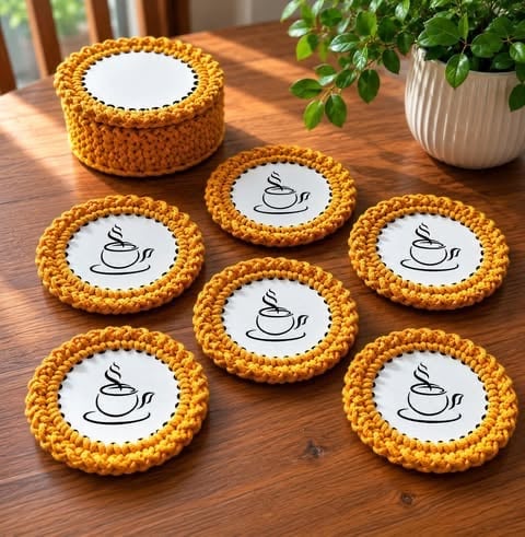 Golden crocheted coasters with coffee cup design arranged on wooden table next to green plant